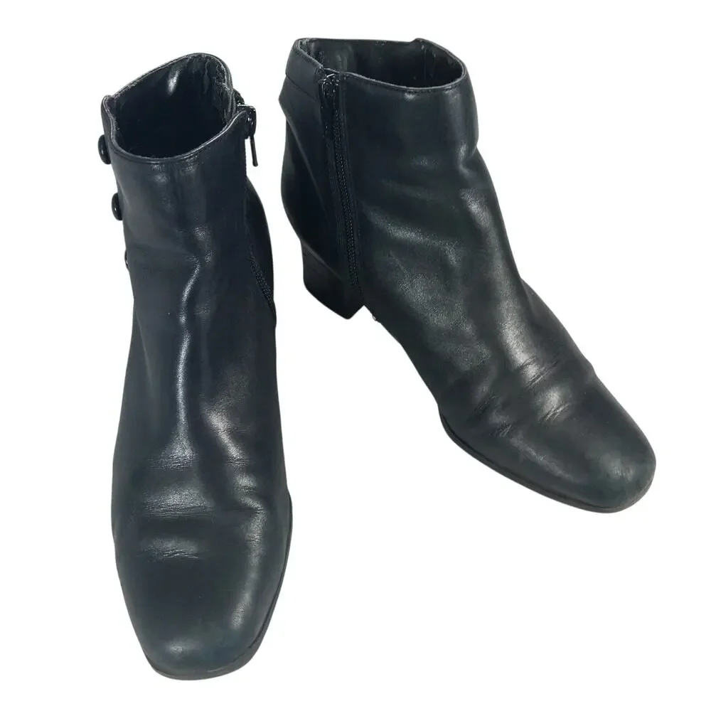 CROFT & BARROW! BLACK GENUINE LEATHER CHUNKY HEEL, NIPPED TOE ANKLE BOOTS! SZ 7M